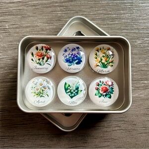 Handmade Floral Glass Magnets with Tin Box